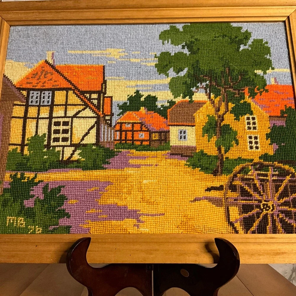 Vintage 1976 Framed Bucilla‎ Needlepoint Tapestry Village Folk Art Cottagecore
